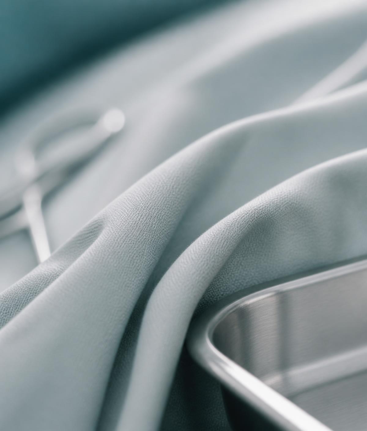 Sterile surgical drapes and instrument tray prepared in a theatre